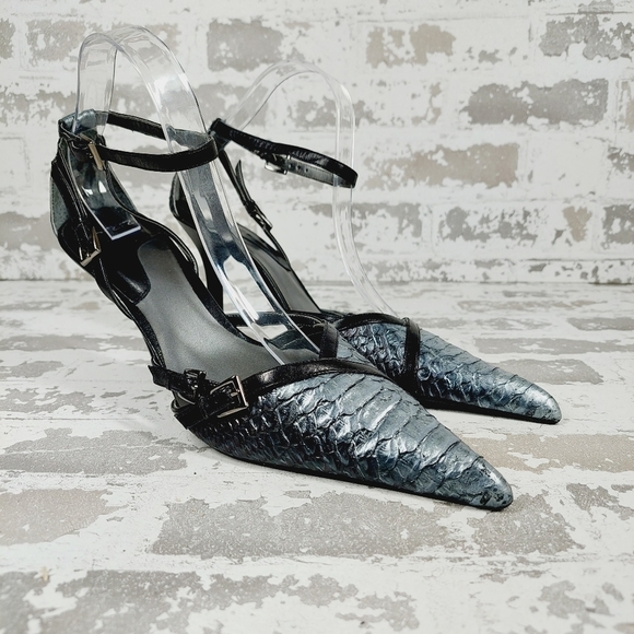 Jazz Metallic Black Blue Pointy Toe Ankle Strap Buckle Crocodile Skin Heels O623 - Picture 4 of 13